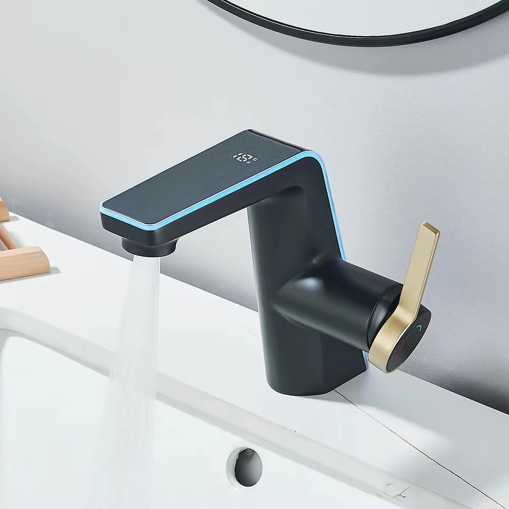 Digital Display Screen Bathroom Basin Sink Faucet 2-ways Spout LED Washbasin Taps Hot Cold Water Deck Mounted Mixers