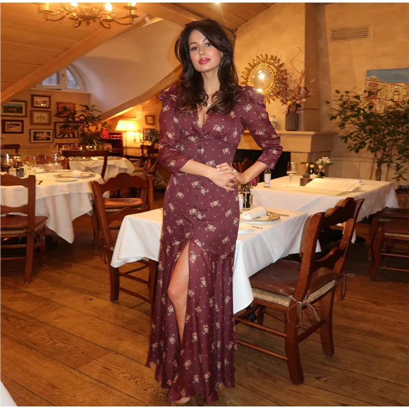 Printed Lace Patchwork Maxi Dress Women V-Neck Half Sleeve Single Breasted Lace Up Long Dresses 2026 Summer All-match Lady Robes