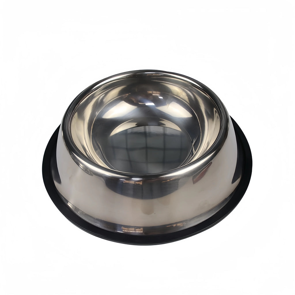 Durable stainless steel pet bowl for dogs and cats. Easy to clean metal feeder with non-slip base for food or water.