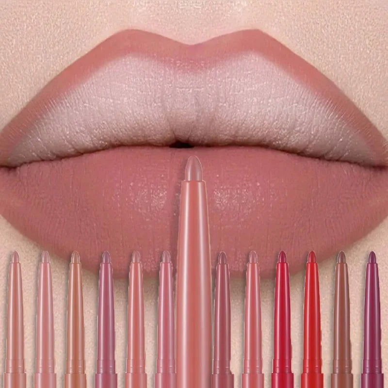 Long-lasting waterproof matte lip liner pen collection in assorted colors for smooth, velvet, non-stick lip makeup.