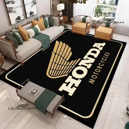 HRC Honda motorcycle logo non-slip smart yoga mat, black and gold rectangular area rug in a modern living room setting.