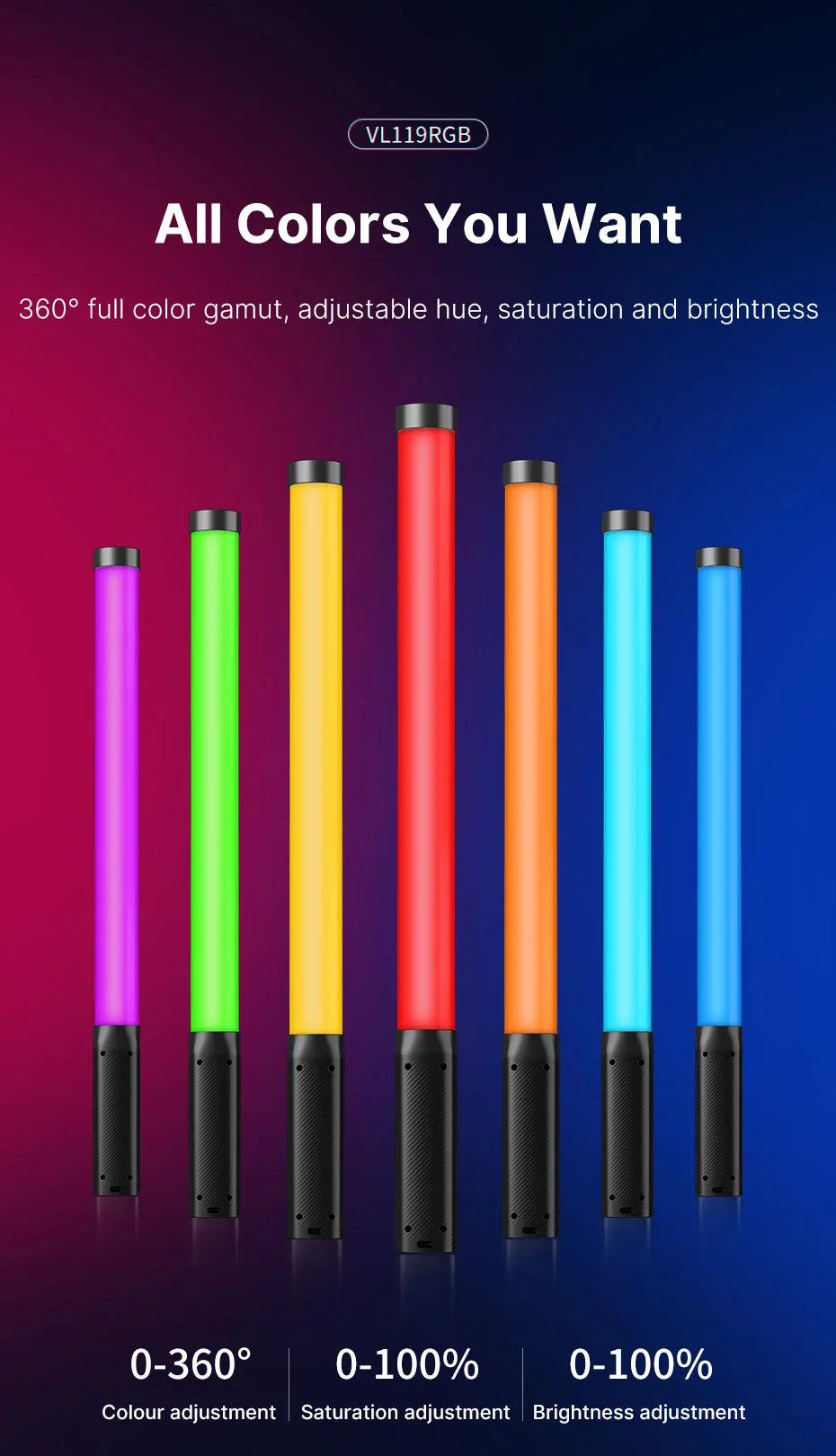 VL119RGB handheld LED light wand with adjustable color, saturation, and brightness for photography and video lighting.