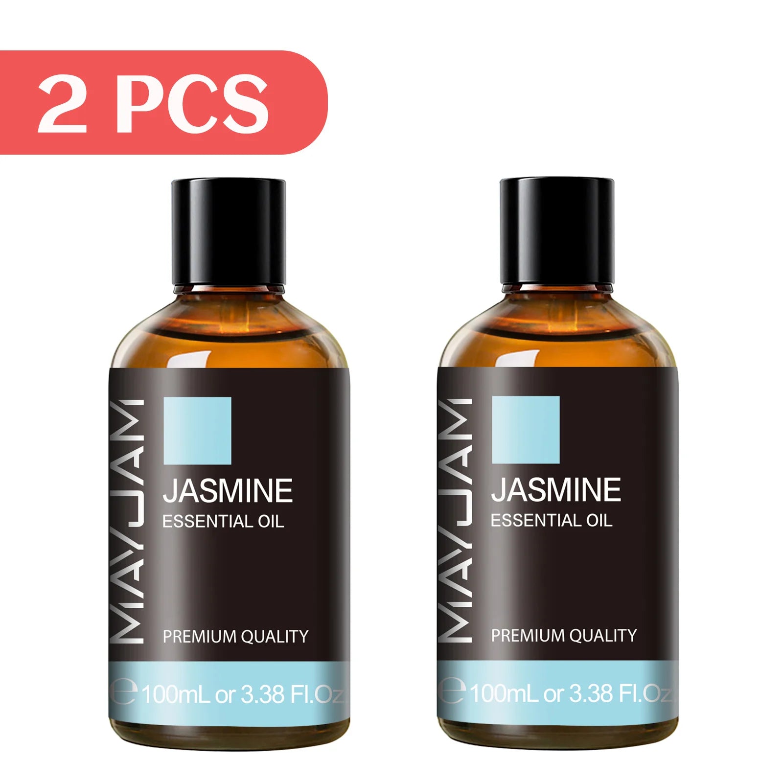 Jasmine essential oil, 2-pack amber bottles with black caps, 100ml.