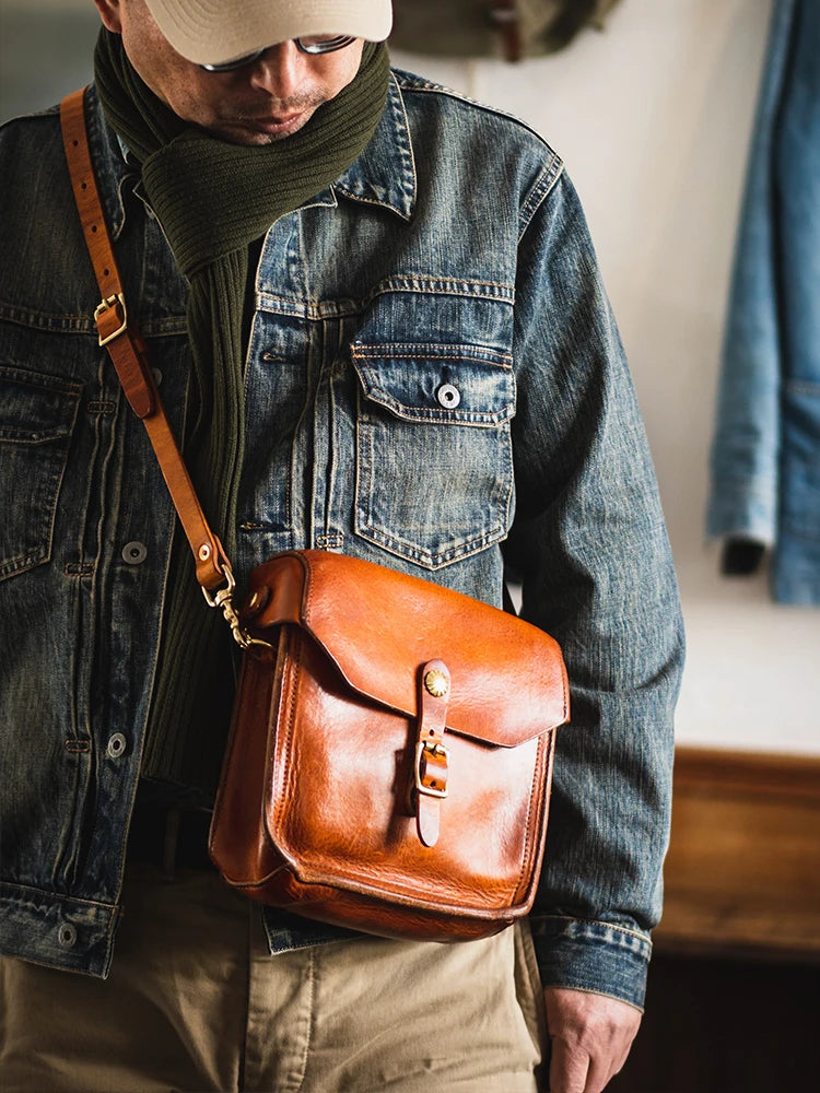 Fashion vintage outdoor daily genuine leather men's small phone shoulder bag designer handmade luxury cow leather crossbody bag