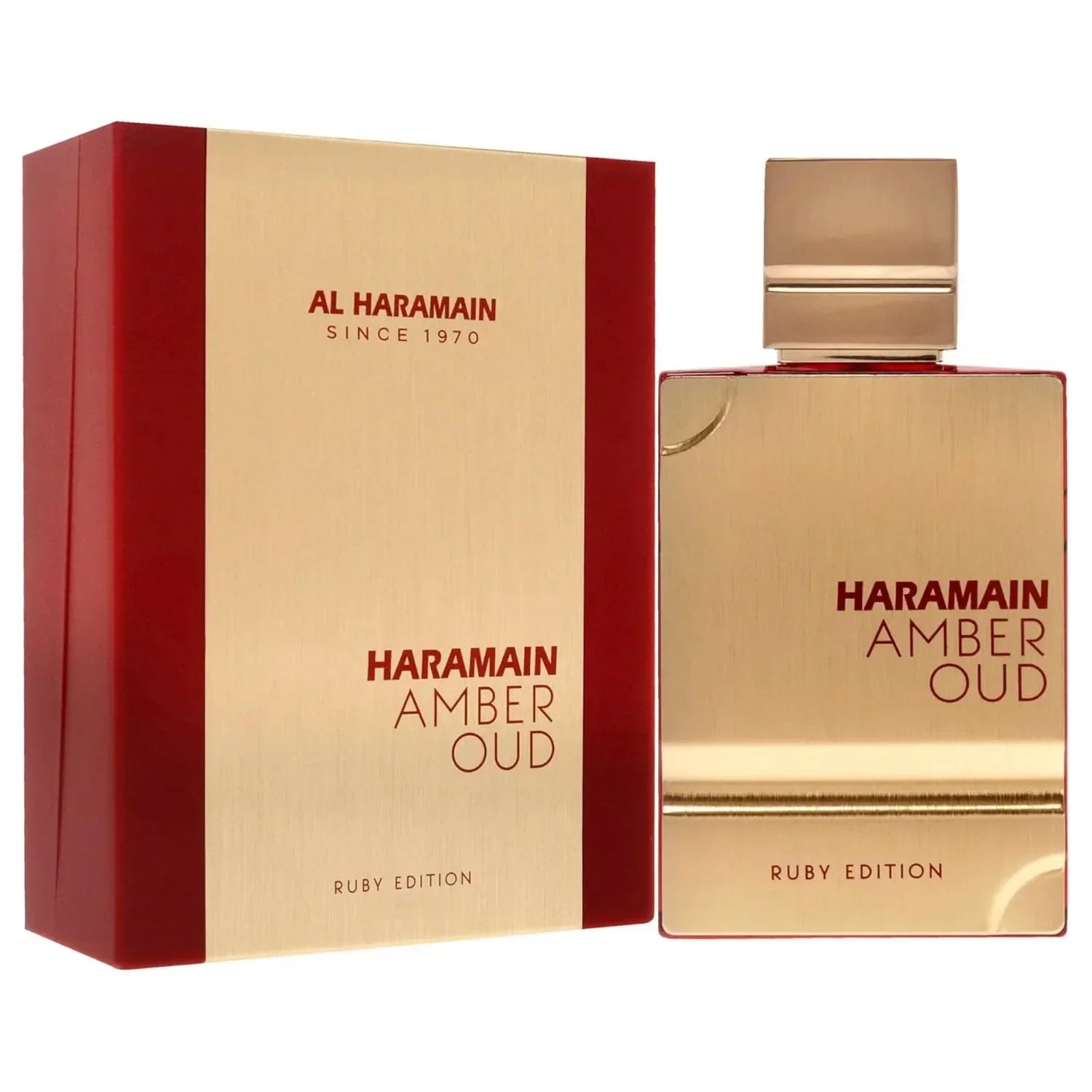 Al Haramain Amber Oud Ruby Edition 60ml unisex perfume. Gold rectangular bottle, oriental amber floral scent for all.