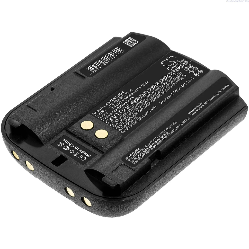 Black battery pack back view with printed labels and two gold contacts