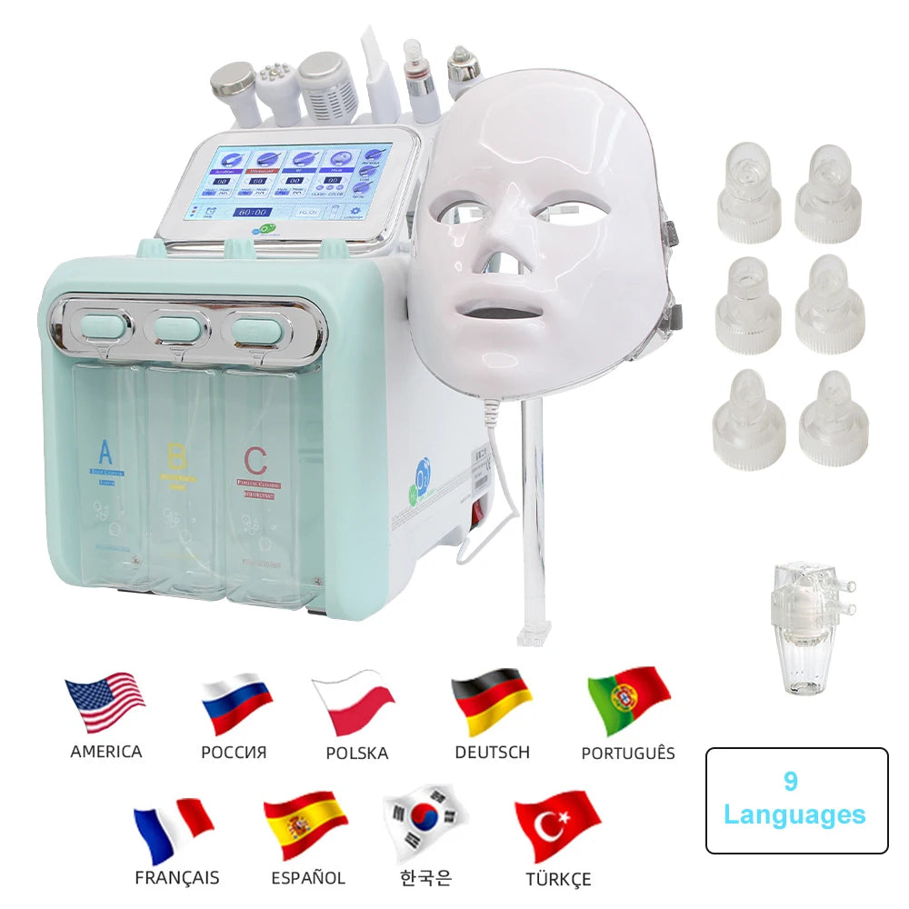 7-in-1 water dermabrasion facial machine with LED mask, touchscreen, and serum bottles for deep skin cleansing spa care.
