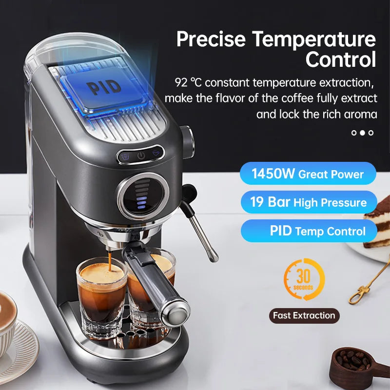Grey 1450W espresso machine with PID temperature control, 19-bar pressure, and steam wand pouring two shots of coffee.