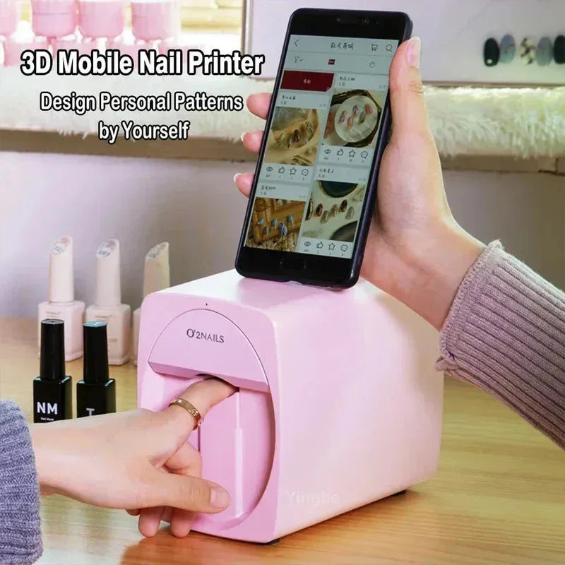 Pink smart 3D portable nail printer for mobile WiFi DIY nail art designs, featuring app control for home beauty salons.