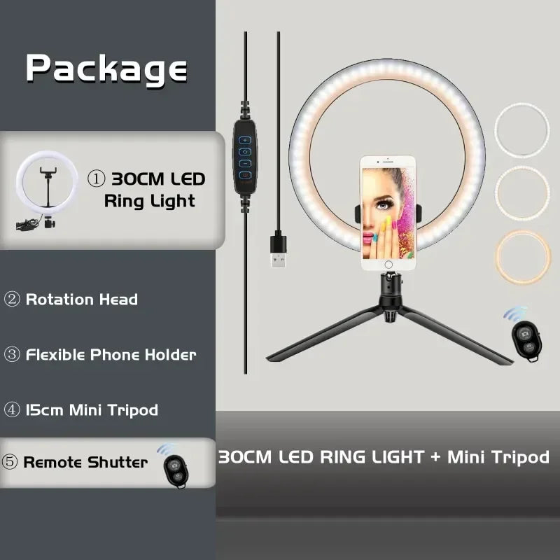 12 Inch LED Ring Light With Tripod Stand for Live Streaming | Tidesmit 30Light BK15 Tidesmit