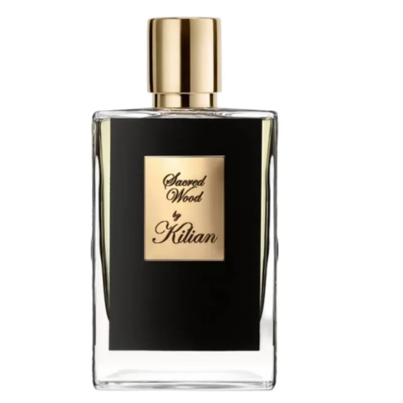 Kilian Sacred Wood unisex EDP: 50ml woody spicy niche fragrance in a sleek black glass bottle with a gold cap.