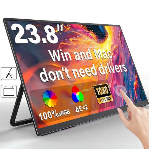 23.8-inch black portable touch monitor with thin bezels, integrated kickstand, and FHD display, viewed at an angle.