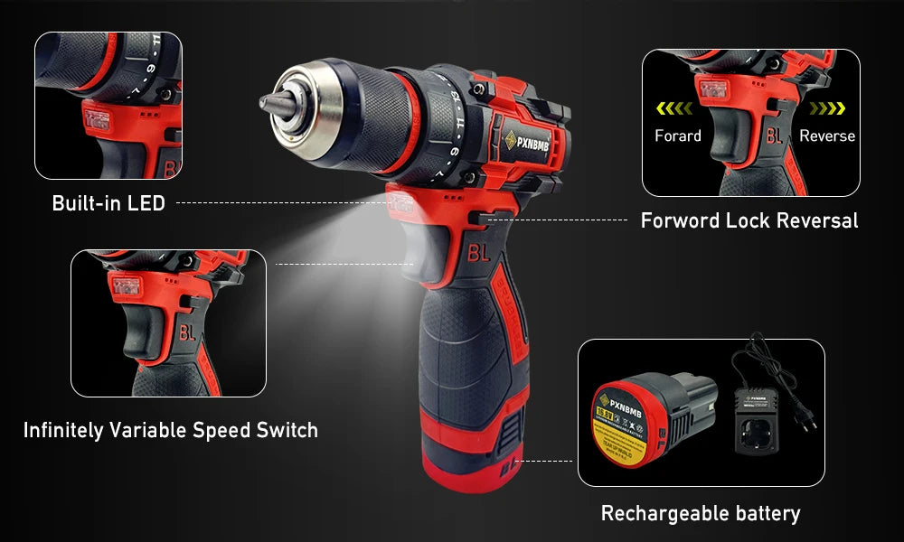 PXNBMB 16.8V 60NM Torque Brushless Electric Drill 10mm Metal Ratchet Chuck Cordless Drill Electric Screwdriver DIY Power Tools