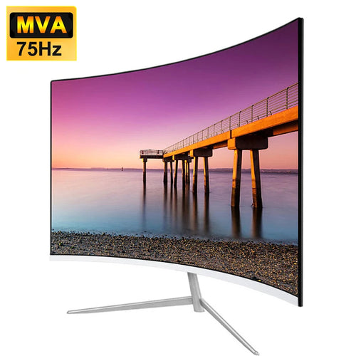 24-inch curved VA gaming monitor with slim black bezel, silver tripod stand, and a sunset pier display.