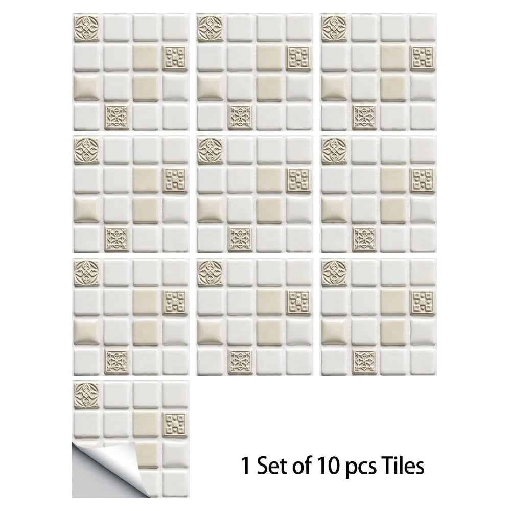 White mandala tile sticker set with beige embossed square pattern on grid tiles