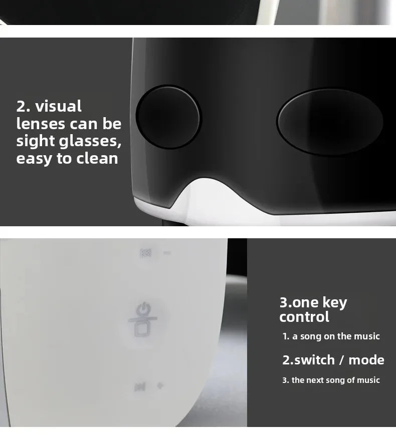 Black and white integrated head and eye massager helmet featuring easy-clean visual lenses and one-key music control.