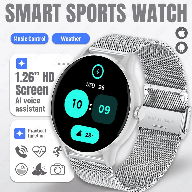 Smart sports watch with silver mesh strap, round 1.26" HD screen.