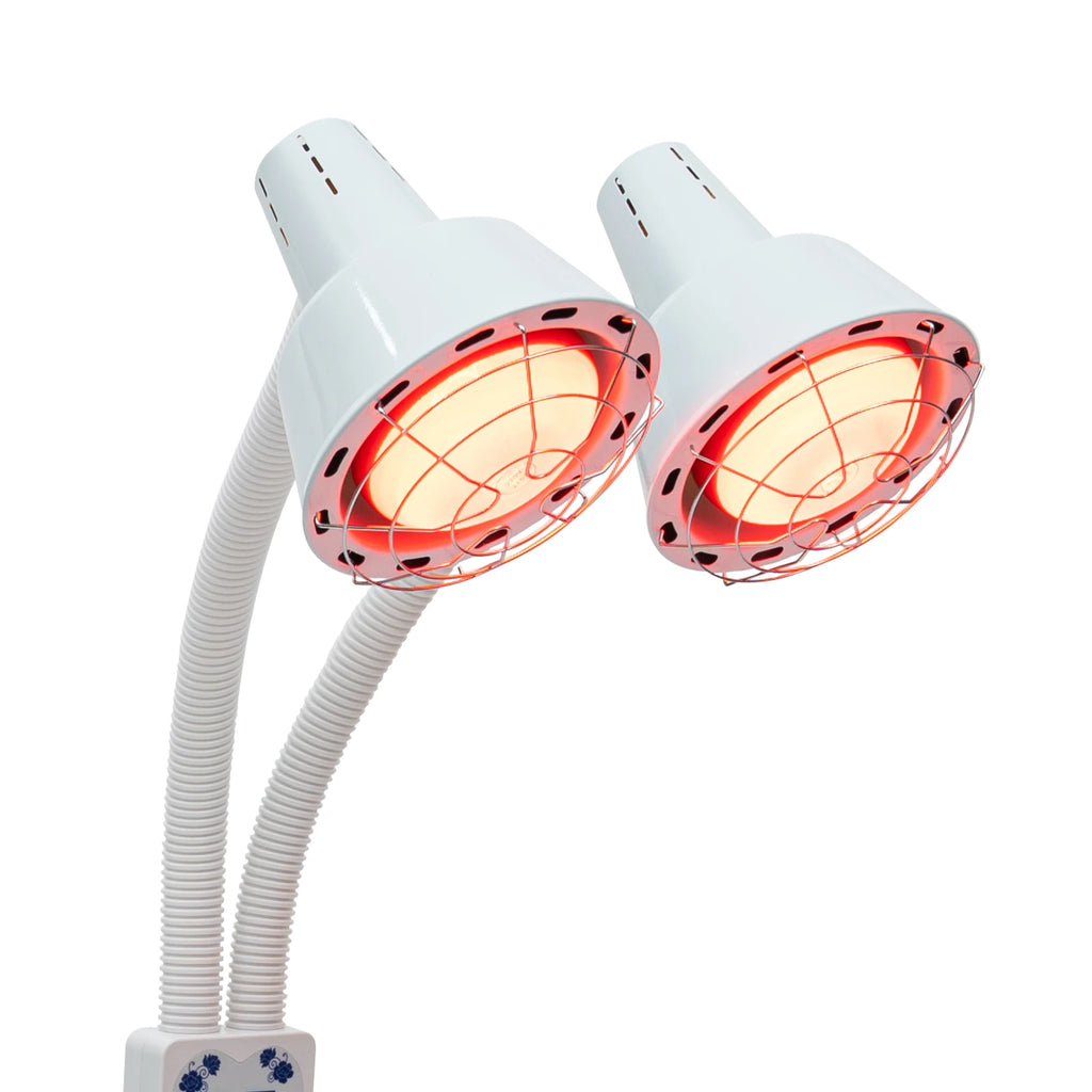 Double-headed 275W infrared heat lamp with adjustable flexible arms for pain relief and salon therapy.