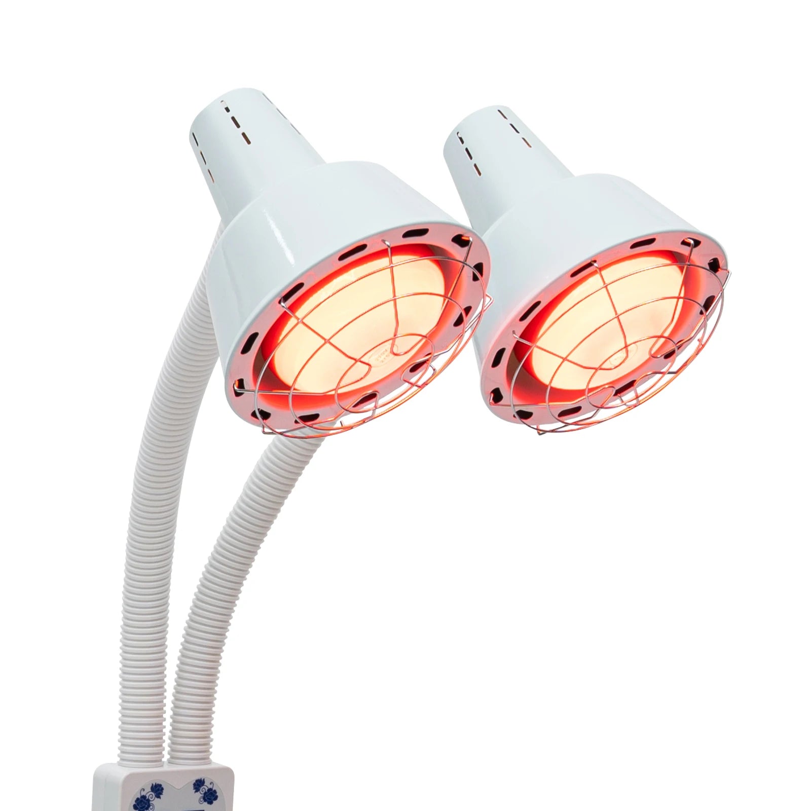 Double-headed 275W infrared heat lamp with adjustable flexible arms for pain relief and salon therapy.