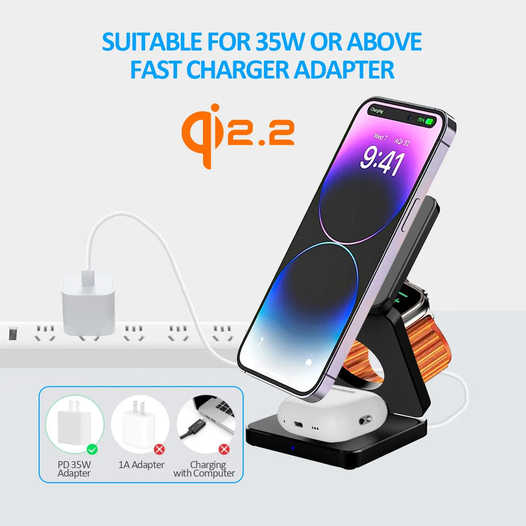 25W Qi2.2 Magnetic Wireless Charger, 3 in 1 Qi2 25W Foldable Fast Wireless Charging Stand for iPhone 17 14-16 AirPod Apple Watch