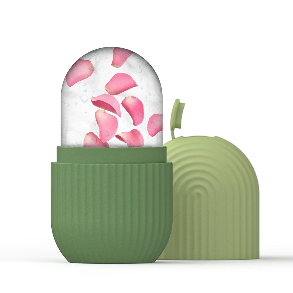 Green ribbed silicone ice roller mold featuring a rounded ice block infused with pink rose petals.