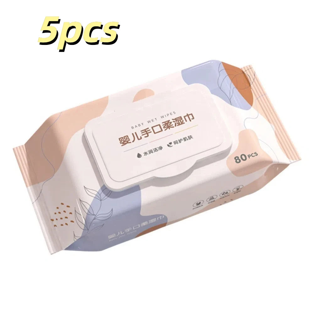 5-pack of gentle baby wet wipes with abstract leaf print, 80 wipes per pack, ideal for sensitive baby skin care.