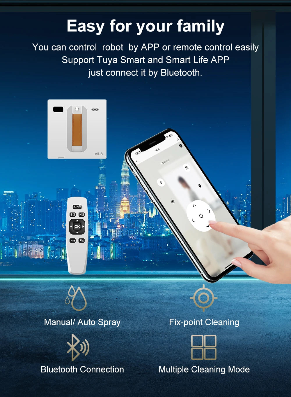 Tidesmit ABIR WD8 window vacuum robot with dual ultrasonic spray and laser sensor cleaning a glass wall