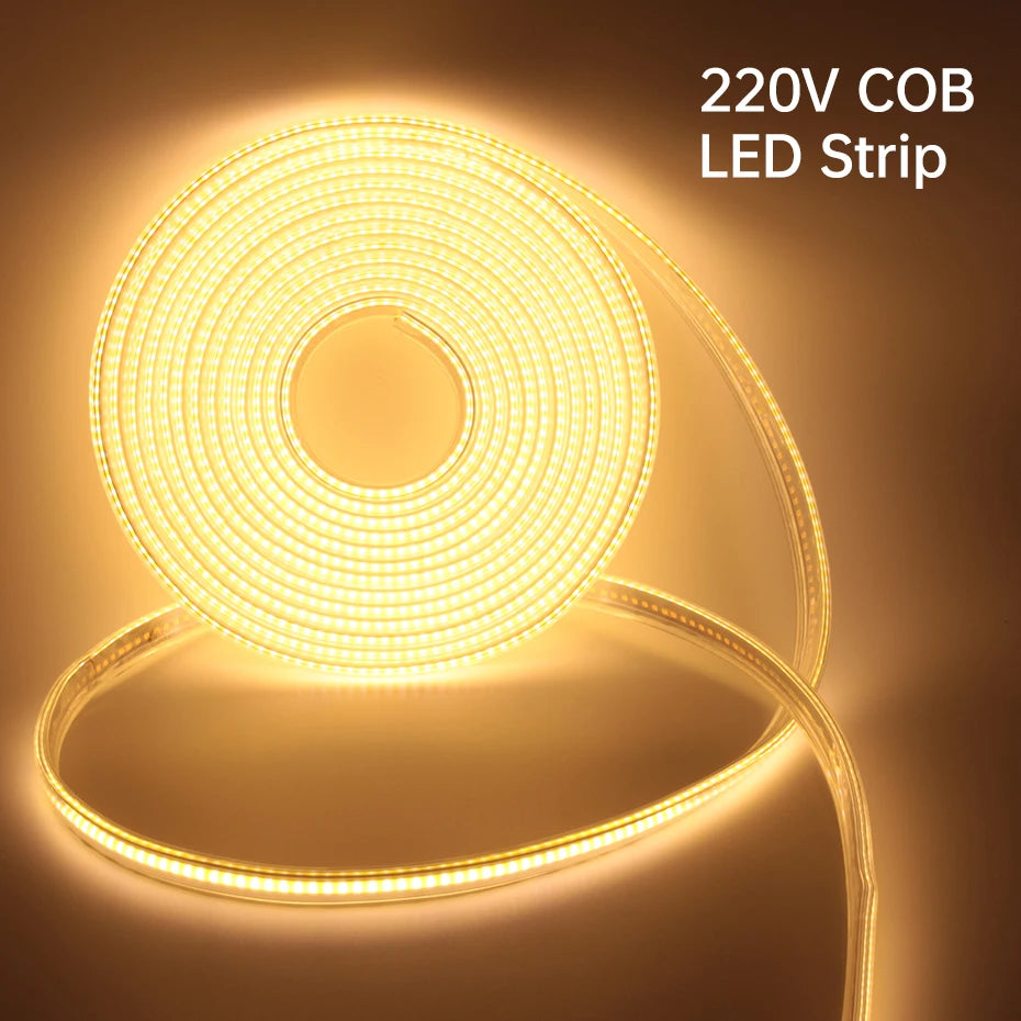 AC 220V COB LED Strip Light 288LEDs/m IP65 Waterproof 1m-50m Flexible Tape with EU/AU Power Plug for Home Lighting Decor