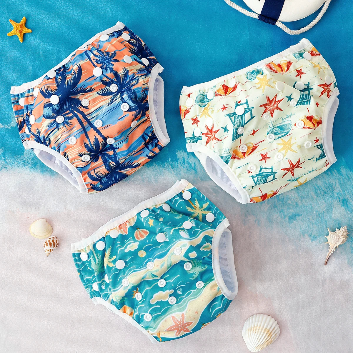 Three reusable baby swim diapers with tropical palm, starfish, and beach prints with adjustable snap closures.