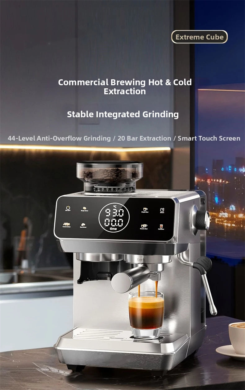 Extreme Cube stainless steel espresso machine with integrated grinder, 20-bar pump, and digital smart touch screen.