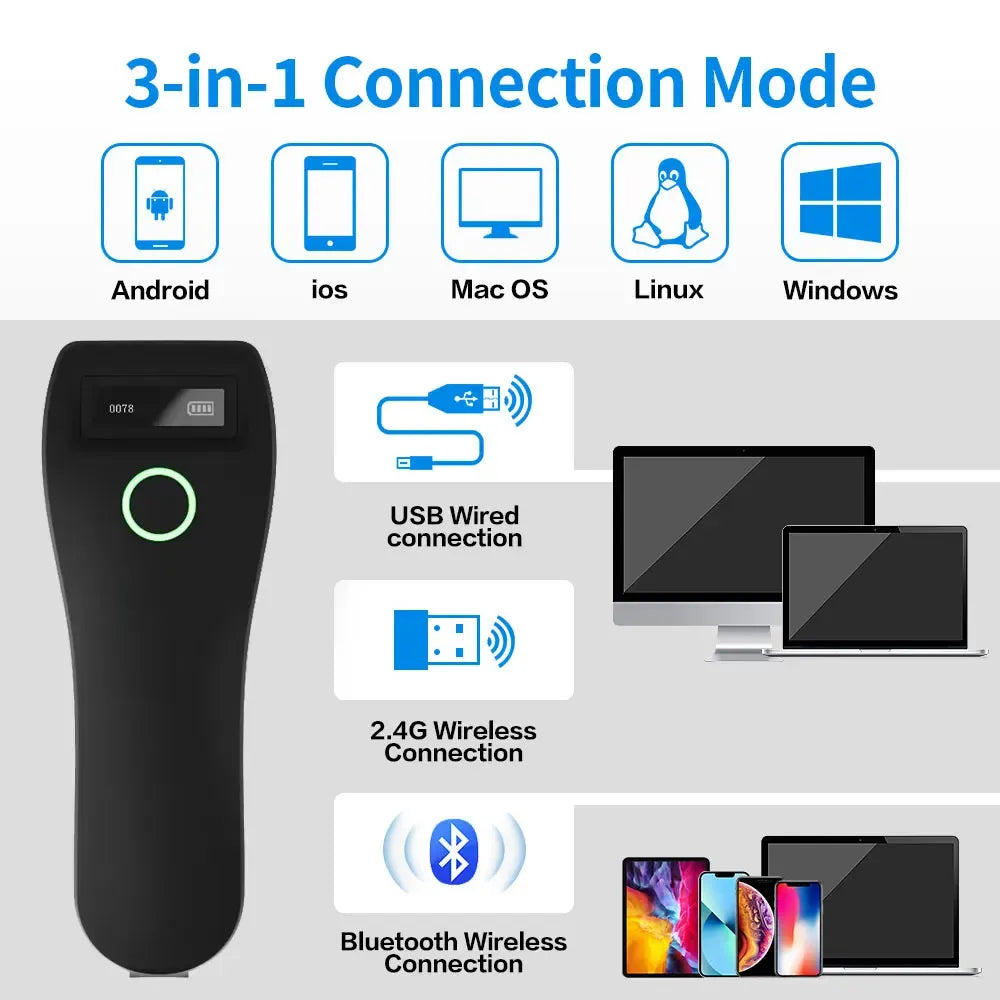 Mini Handheld Portable Barcode Scanner 2.4G Wireless/Bluetooth/USB 1D 2D QR Code Data Matrix PDF417 Reader With Storage Function