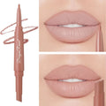 Dual-ended waterproof nude matte lip liner and lipstick pencil with long-lasting moisturizing finish on model lips.