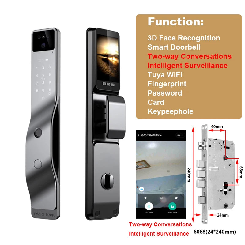 3D Face Recognition Smart Door Lock WiFi Electronic Home Lock with Camera RFID Card Compatible with Tuya for Smart Home Security