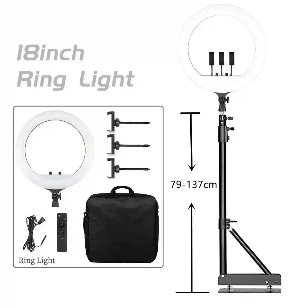 18-inch LED ring light with adjustable 79-137cm stand, three phone mounts, remote control, and black carrying case.