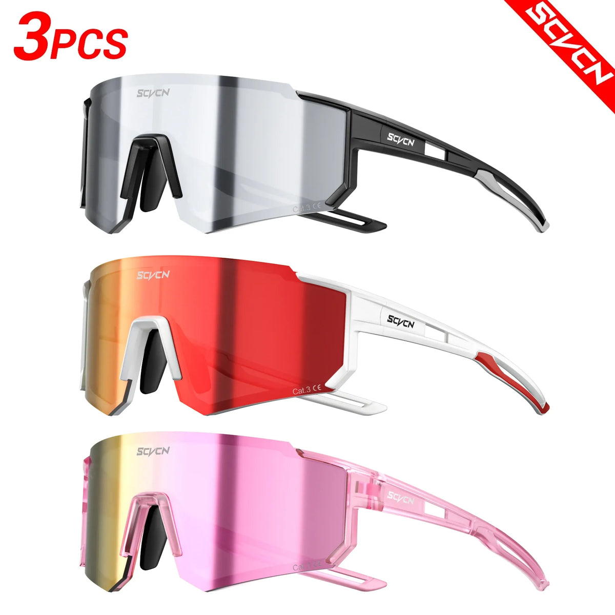 3-pack cycling sport sunglasses set with mirrored lenses in mixed red, pink, silver colors