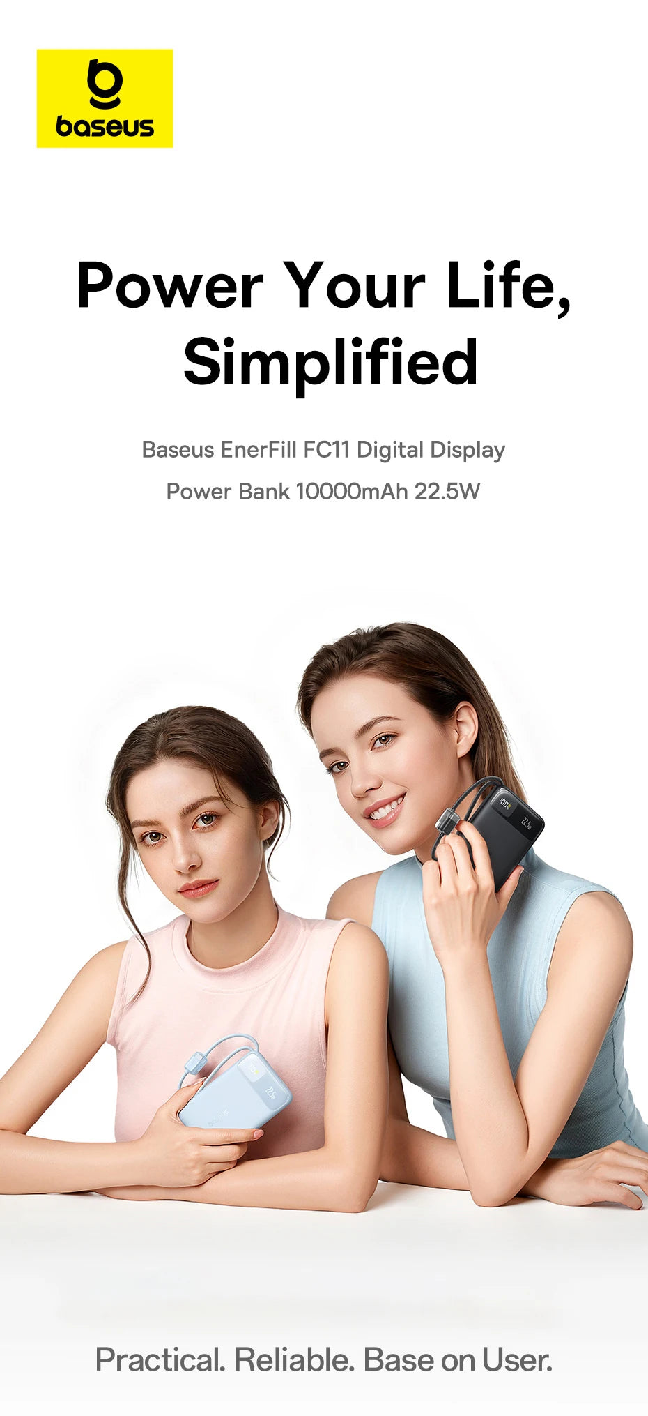 Portable Charger 10000mAh 22.5W Fast Charging Power Bank with Built-in Cables Tidesmit