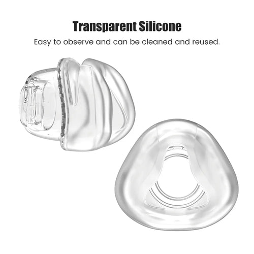 Clear silicone CPAP mask cushion replacement for sleep apnea therapy, designed for easy cleaning and maintenance.