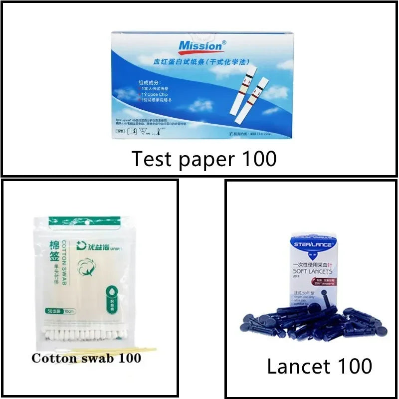 Mission Hemoglobin analyzer kit with 100 Hb test strips, medical cotton swabs, and sterile lancets for home anemia test.
