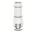Portable white geometric coffee maker with a transparent base on a white background.