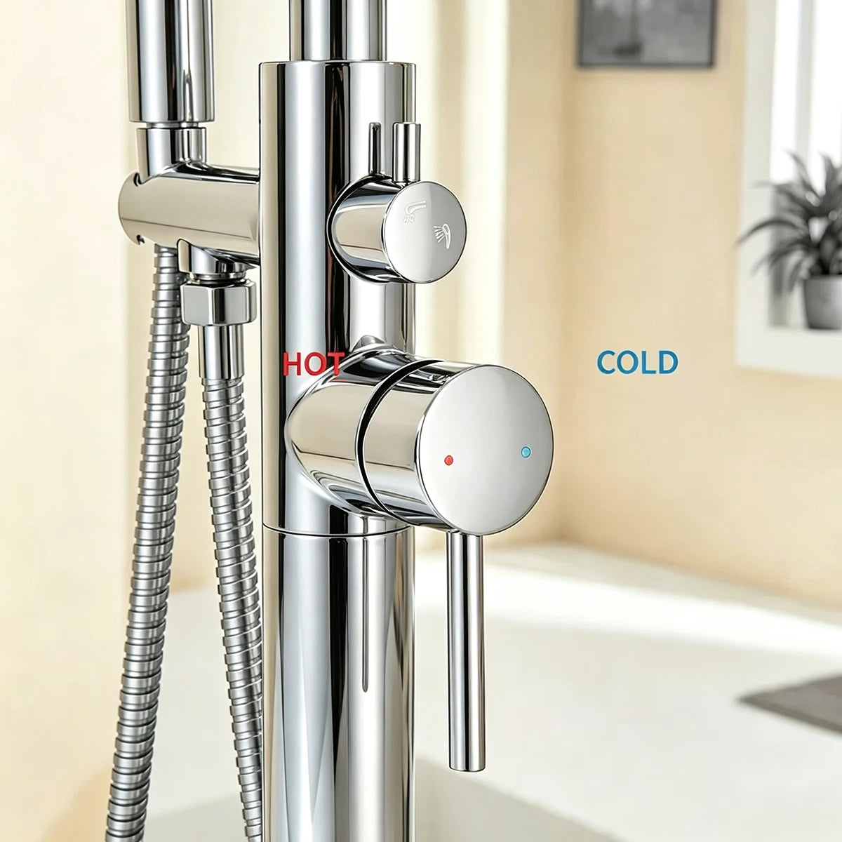 【Local Stock】Floor Free Standing Bathtub Faucet Mixer Single Handle Hot Cold Water Mixer Rotation with Handshower Bathtub Shower