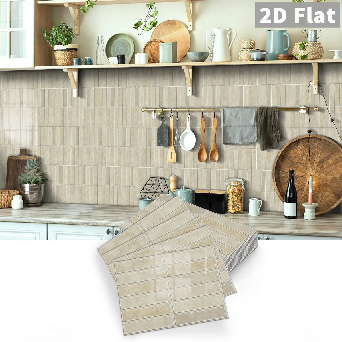 Light beige self-adhesive tile decal sheets with rectangular brick-style pattern
