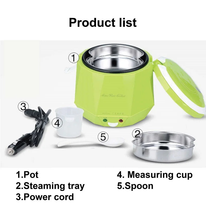 Portable car rice cooker set, lime green cooker with pot, tray, measuring cup, spoon, cord