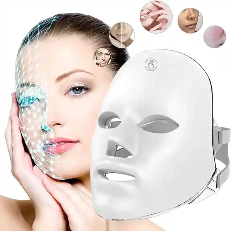 White, contoured LED facial mask device with adjustable strap, displayed alongside a model with digital face mapping.