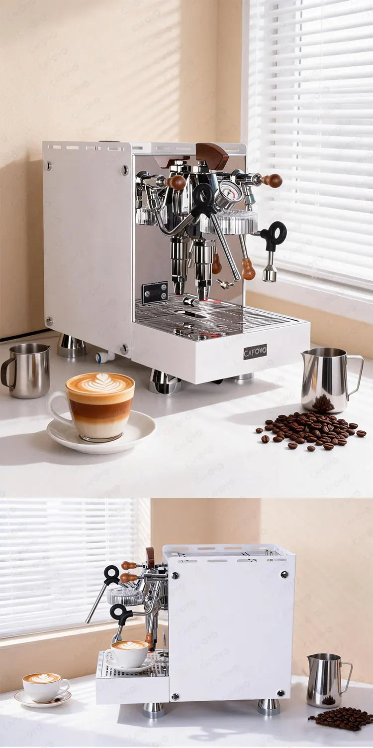 Cafovo white professional espresso machine with stainless steel accents, wooden levers, and a cup of latte art.