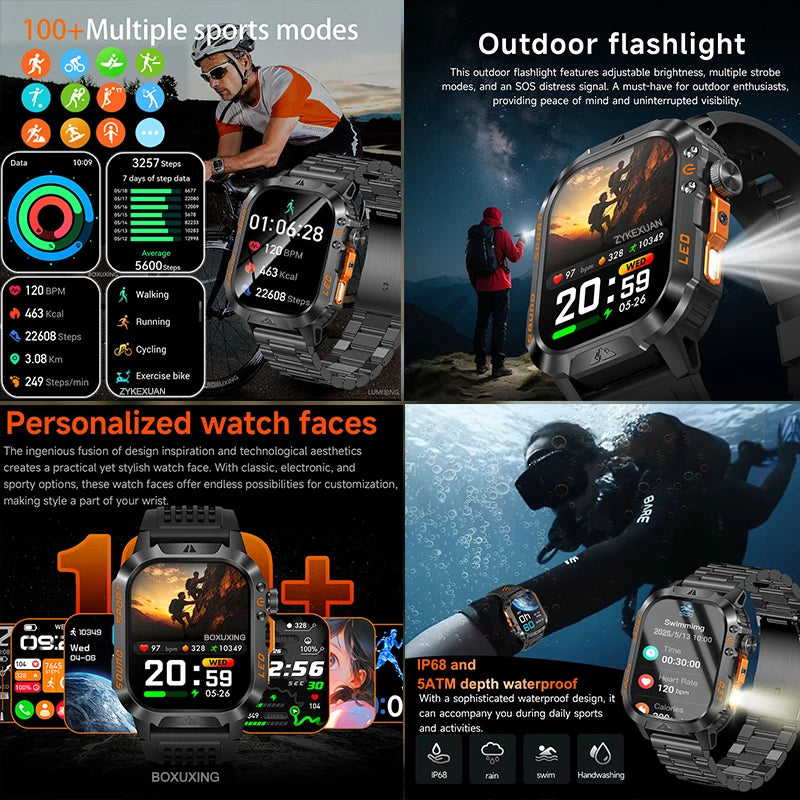 New 1200 mAh Battery Rugged Military Smartwatch Men 5ATM Waterproof Fitness Tracker Health Monitor 100+Sports Call Smart Watches