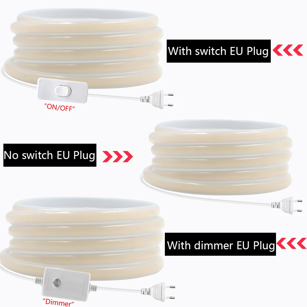 220V Dimmable COB LED Strip Light 288 LEDs/M Dimmer Switch ON/OFF Waterproof EU Plug Flexible Neon Lamp Decor 3000K 4000K 6000K