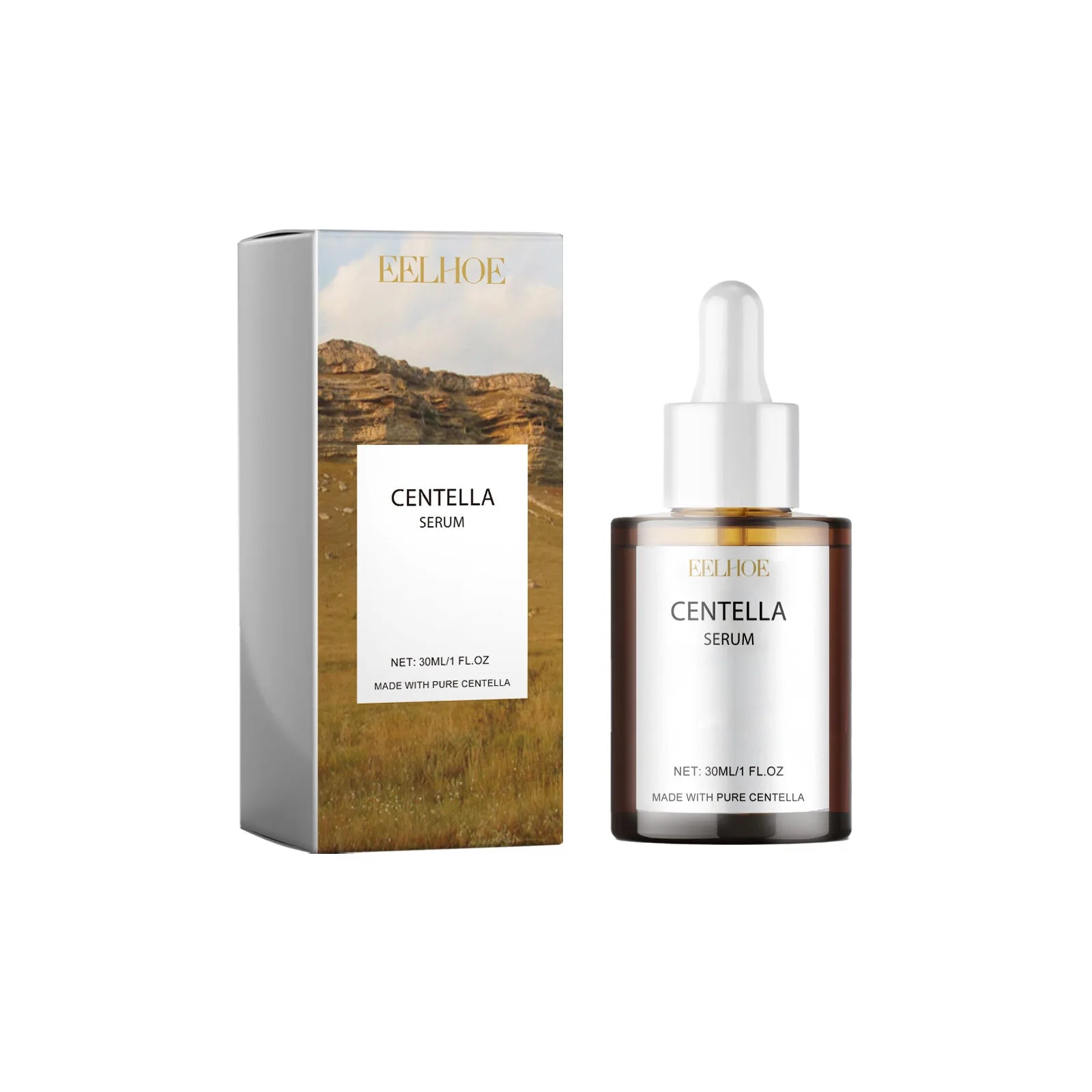 Centella serum dropper bottle with matching product box