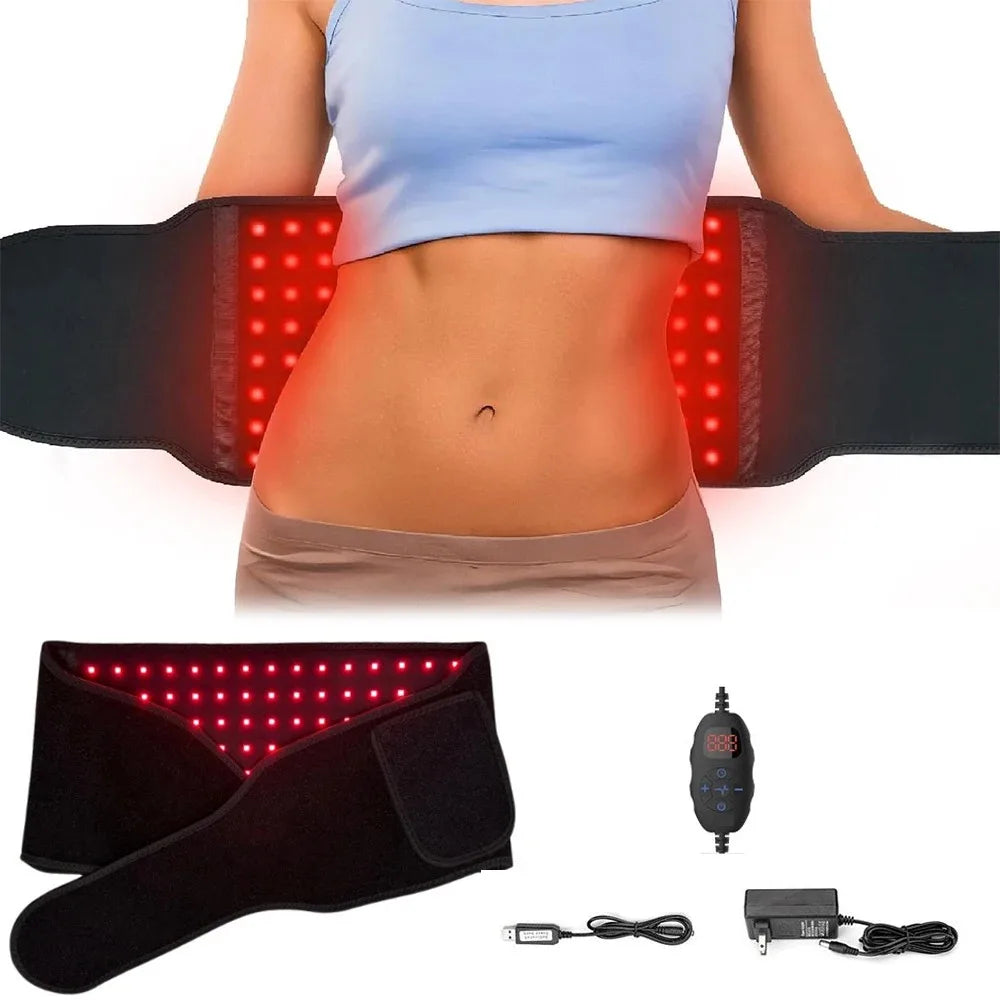 Red light therapy belt for back and waist pain relief with adjustable timer and infrared LED wrap device.