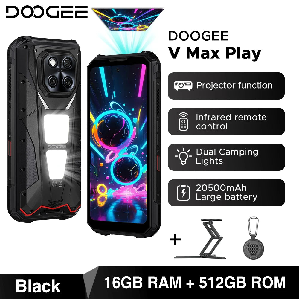 DOOGEE V Max Play 5G Projector Rugged Phone 6.78" 120Hz 20500mAh Dual Camping Lights16GB+512GB 200MP Main Camera NFC Smartphone