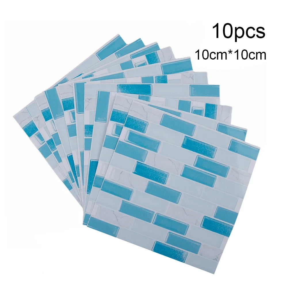 Set of 10 self-adhesive 3D mosaic tile sticker sheets, blue and white brick tiles